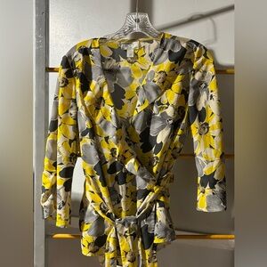 LOFT Yellow, Gray & Black Floral Wrap Blouse